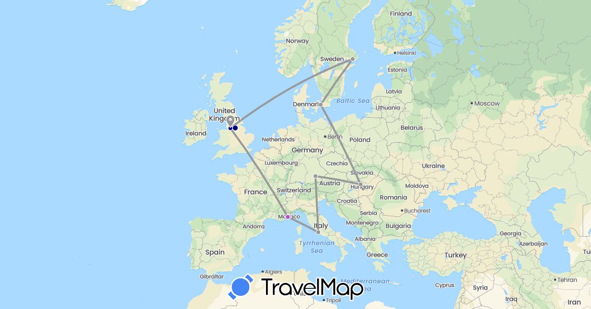 TravelMap itinerary: driving, plane, train, hiking in Germany, Denmark, France, United Kingdom, Hungary, Italy, Monaco, Sweden (Europe)